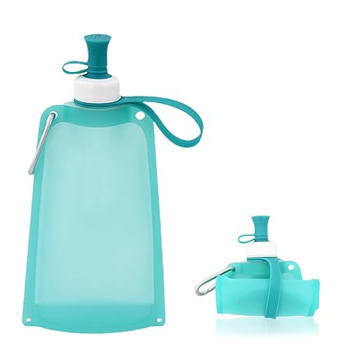 550ML Foldable Silicone Water Pouch Reusable BPA Free Collapsible Water Bottle, Flexible Drink Pouch Bag Squeezable Hydration Flask with Carabiner for Outdoor Sports, Running, Travel, Biking (Blue)