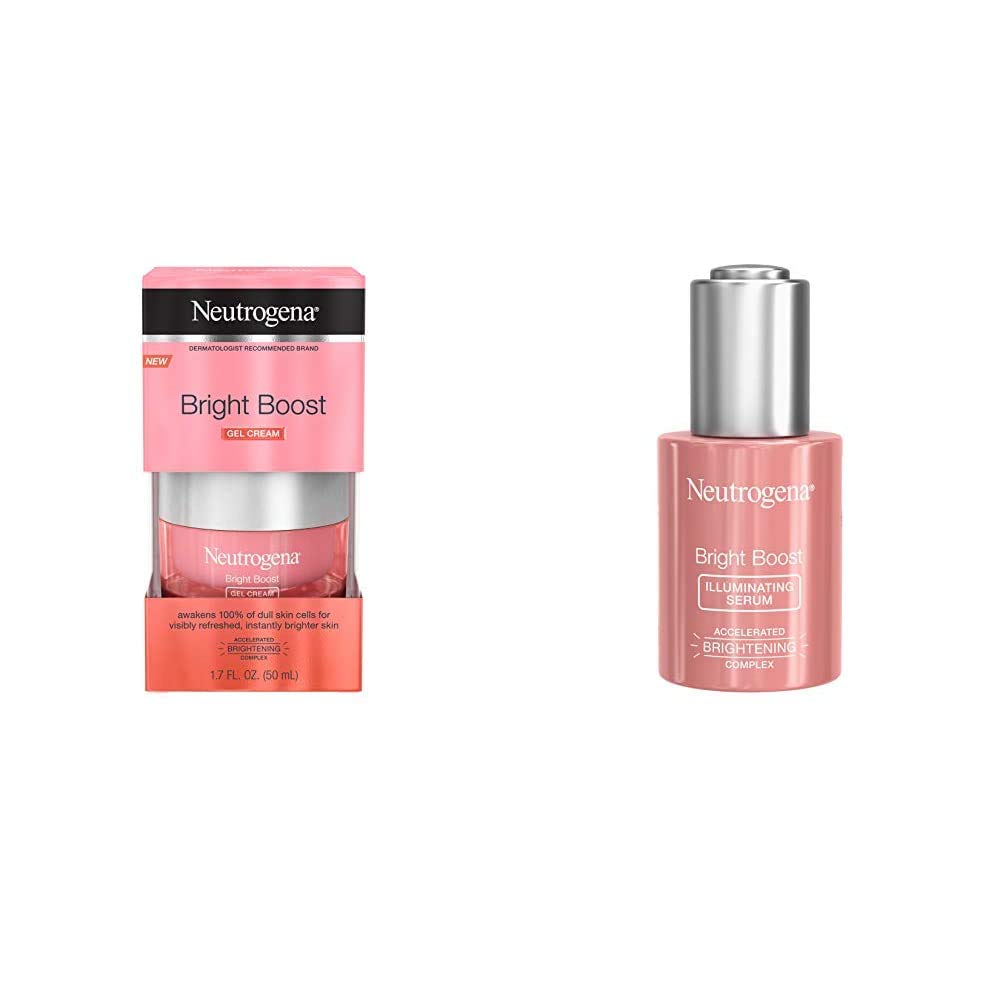 Neutrogena Bright Boost Brightening Gel Moisturizing Face Cream, 1.7 fl. Oz and Neutrogena Bright Boost Illuminating Face Serum with Neoglucosamine & Turmeric Extract for Even Skin Tone, 1.0 fl. oz