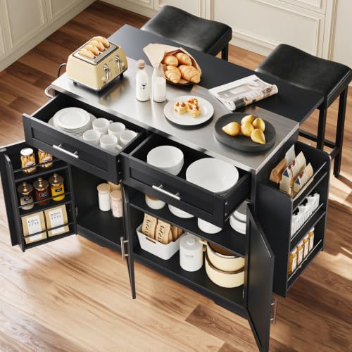 Concho 56" Kitchen Island with Seating Stainless Steel Countertop Black