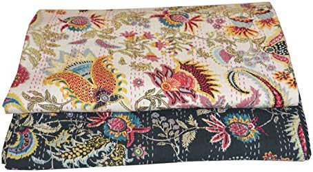 Set of 2 Multicolor Mukut Print Queen Size Kantha Quilt, Kantha Blanket, Bed Cover, King Kantha bedspread, Bohemian Bedding Size 90x108 Inch