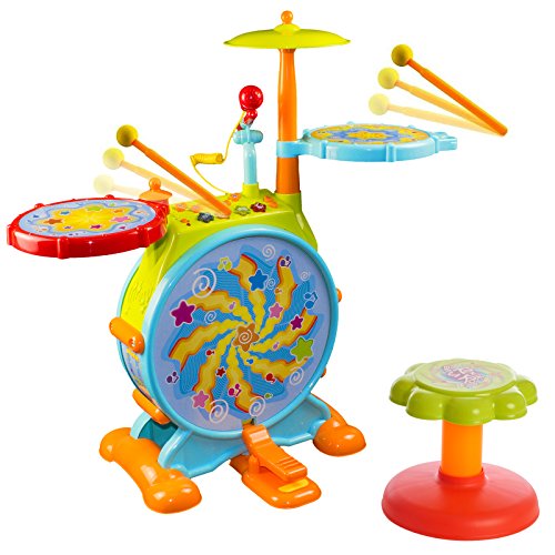 Huile Electric Toy Jazz Drum Set for Kids Musical Instrument Playset with Microphone and Chair