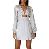 Women's Dress Satin Deep V-Neck Long Sleeve Mini Dress Silk Lantern Sleeve A-Line Front Cut Out Dresses