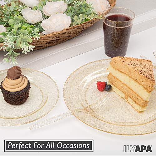 image for Ilyapa 100 Gold Glitter Plastic Plates for Dinner Party or Wedding - 1