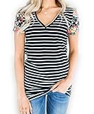 LuckyMore Womens Casual Floral Print Striped V Neck Short Sleeve T Shirts Tops Tunic