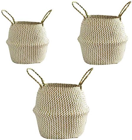 CENGOOD 3Pcs Seagrass Woven Storage Belly Basket with Handle Nordic Style for Plant Pot Garden Toys Container Decorative 27x24CM/32x28CM/36x32cm (White)