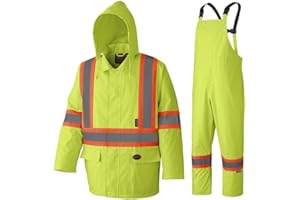 Pioneer Hi Vis Waterproof Heavy Duty Rainsuit - Hooded Rain Jacket and Bib Pants - 210D Oxford Poly/PVC
