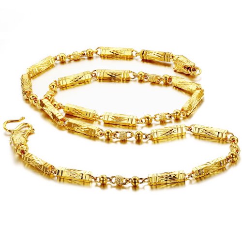 OPK Jewelry 18K Yellow Gold Plated Carved Pattern Cylinder Beads Link Necklace Chain 21.26