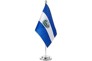 ACCULESS El Salvador Table Flag Desk Flag of El Salvador With 30CM Stainless Steel Stand Base Desktop Flags Veteran Office Home Bar International Conference Theme Party Holiday Decorations