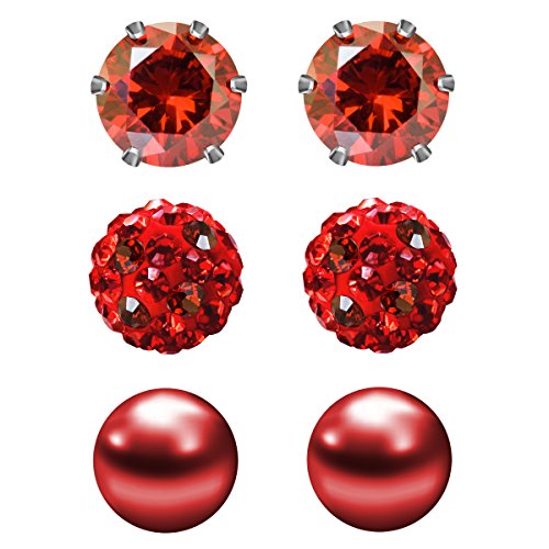 JewelrieShop 3 Pairs Stud Earrings Set for women girls Cubic Zirconia Rhinestones Faux Pearl, Birthstone, Hypoallergenic, Stainless Steel Earrings Pin - Deep Red (Jan.)