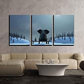 3 Piece Canvas Wall Art - Elephant and Dog at Christmas Night - Modern Home Art Stretched and Framed Ready to Hang - 16"x24"x3 Panels
