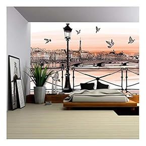 Vector - Sunset on Seine River from Pont Des Arts in Paris - Vector Illustration - Removable Wall Mural | Self-Adhesive Large Wallpaper - 66x96 inches