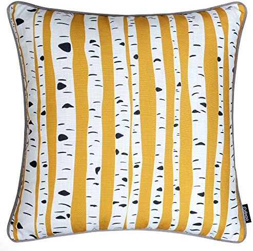 Cushoo Graphic Birch Tree Cushion Cover in Mustard Yellow with Grey Velvet Piping, Nature Inspired | Square Decorative Scatter Pillow Case for Sofa | 45cm x 45cm | 18in x 18in