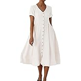 chouyatou Women's Summer Fit and Flare Swing Cotton Dress Casual V-Neck Button Down Beach Midi Dress