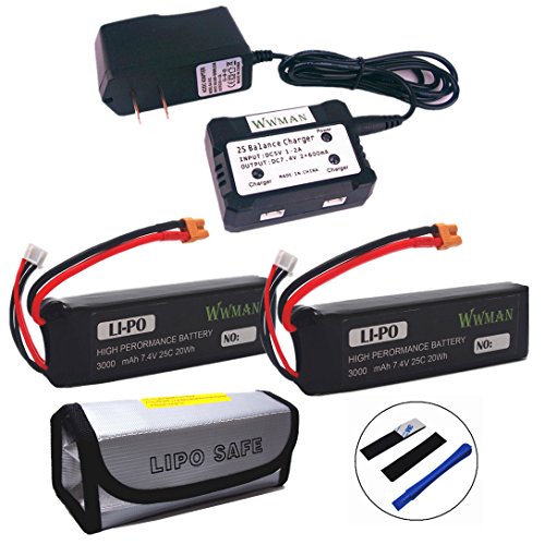 Wwman 2pcs 7.4V 3000mAh upgrade Battery and 1to2 charger with explosion-proof bags for MJX B2C B2W Bugs 2W Bugs 2 MJX Bugs 6 B6F B6W B6FD RC quadcopter drone spare parts