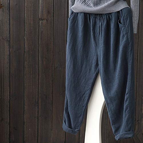 wodceeke Women Plus Size Pants, Elastic Casual Relaxed Loose Fit Cotton Linen Pants Harem Trousers Cropped Pants (L, Navy) - Thumbnail 2