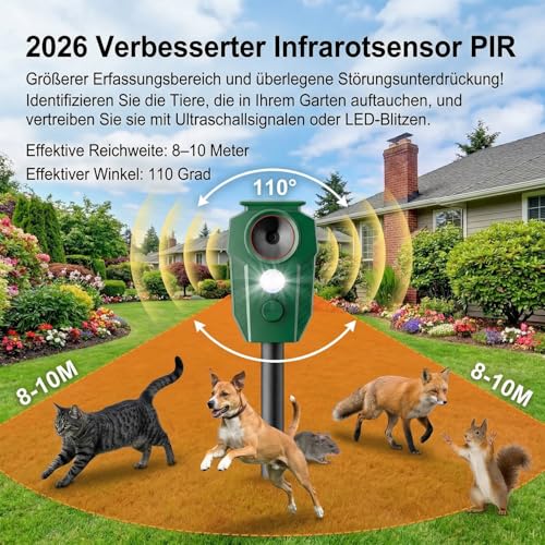 MEKEET Ultrasonic Cat Repeller for Garden, Solar Cat Repellent with Motion Sensor and LED Flash, IP65 Waterproof, Animal Repellent Against Cats, Dogs, Martens, Foxes and Wildlife