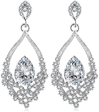 Cuicanstar Women's Teardrop Rose Gold Plated Champagne Crystal Double Stud Drop Earring Cubic Zirconia (Silver)