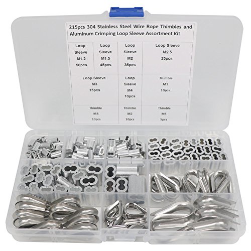M2 M3 M4 M5 304 Stainless Steel Thimble and 6 Sizes Aluminum Crimping Loop Sleeve Assortment Kit for 1/16" - 3/16" Diameter Wire Rope Cable Thimbles Rigging-215 Pcs