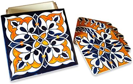 Fuchsia Living Handmade Hand-painted Coaster, Blue &amp; Orange Tile Pattern, Set Includes 6 Coasters &amp; 1 Wooden Box