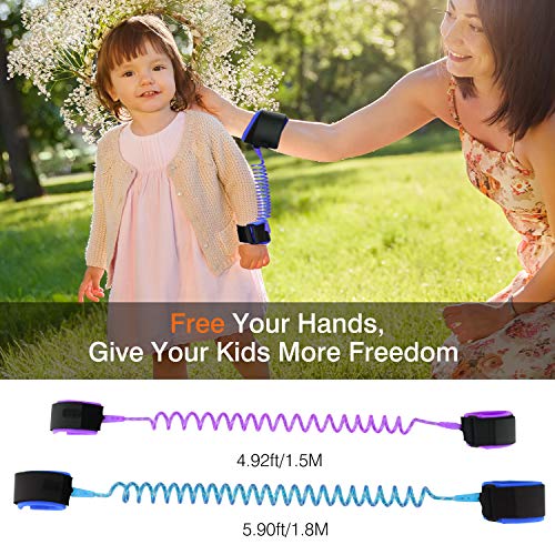 [2 Pack] Anti Lost Wrist Link, Zooawa Child Outdoor Safety Hook and Loop Wristband Leash Child Safety Harness for Kids and Toddlers, 1.5M Fluorescent Purple + 1.8M Fluorescent Blue - Thumbnail 2