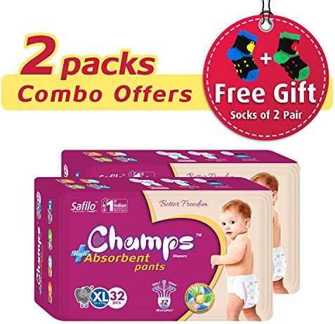 Premium Champs Cotton High Absorbent Pant Style Diaper with 2-Pair Socks - Pack of 2