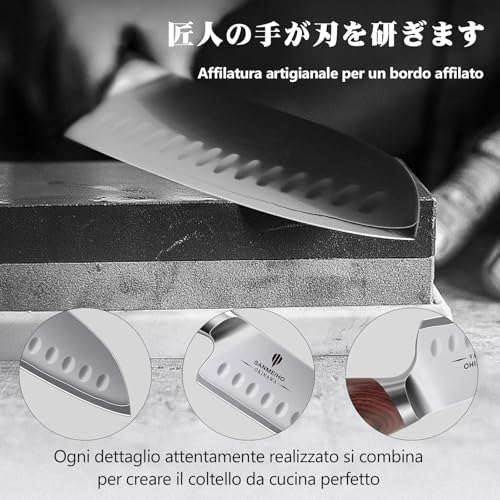 SANMEIHO Kitchen Knife 18 cm, Japanese Santoku Knife in High Carbon Steel 10Cr15Mov with Ultra Sharp Blade from 12° and Ergonomic Pakkawood Handle