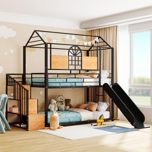 CALABASH Twin Over Twin House Bunk Beds with Slide and Storage