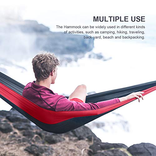 JBM Hammock Single Double Camping Lightweight Portable Parachute Hammock Outdoor Hiking Travel Backpacking - Nylon Hammock Swing - Support 400lbs with Nylon Ropes and Steel Carabiners (Gray & Red)