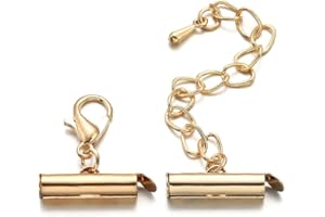 AGCFABS 10set/lot Crimp End Beads Slide End Clasp with Chain Buckles Tubes Slider End Caps Connectors for DIY Jewelry Making Accessories (KC Gold, 13mm x 10set)