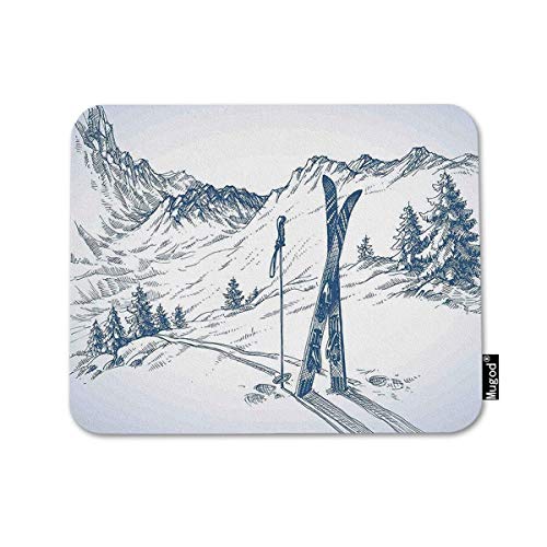 Mugod Mousepad Winter Sketchy Graphic of a Downhill with Ski Elements in Snow Relax Calm View Blue White Print Anti-Slip Natural Rubber Gaming Mouse Pad Rectangle Mouse Pads 7.9x9.5 Inches