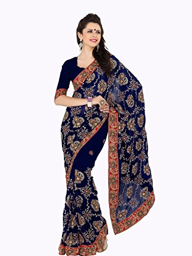 Mirchi Fashion Women's Fabulous Heavy Embroideredry Work Faux Georgette Saree