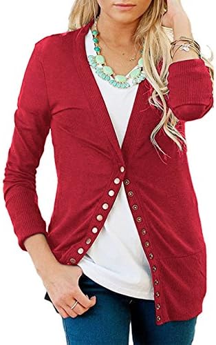 Shineya Women Long Sleeve V Neck Button Down Knit Cardigan Sweater Red XL