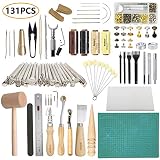 Leather Working Tools SIMPZIA 131PCS Leathercraft Tools with 20PCS Leather Stamping Tools, Cutting Mat, Stitching Groover, Prong Punch, Snaps and Rivets Kit, Leather Tooling Kit for DIY Leather Craft