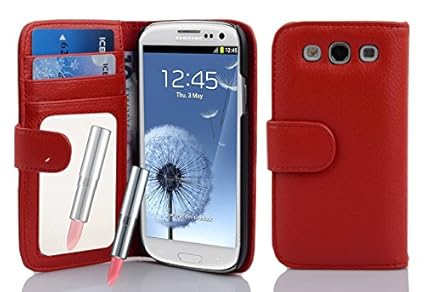 Cadorabo Hülle kompatibel mit Samsung Galaxy S3 / S3 NEO Hülle in CAYENNE ROT Handyhülle mit Spiegel und Kartenfach