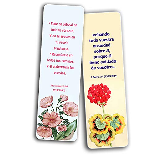 Spanish Flower Bookmarks for Women Series 1 (30 Pack) - RVR1960 - Powerful Words of God to Encourage and Inspire You to be Godly Disciples - Proverbs 3:5-6 John 3:16 - Stocking Stuffers - Thumbnail 4