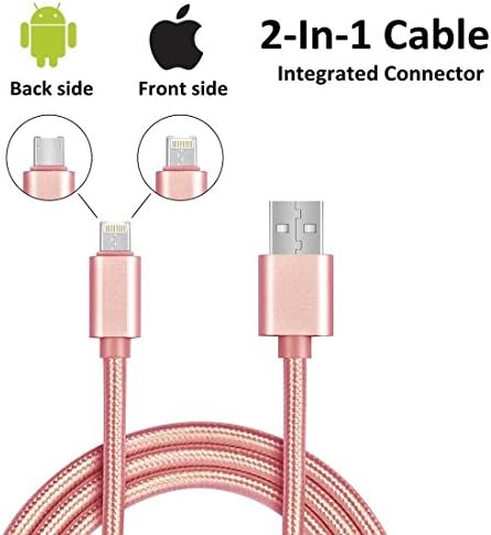 iPhone Lightning + Android Micro USB Universal 2-in-1 Charger Cable Braided Fast Adapter Cord, Front Side for iPhone iPad Back Samsung HTC LG Moto Huawei 3.3 ft (Pink)