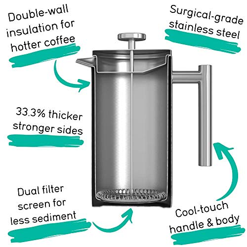 Coffee Gator French Press Coffee Maker Thermal Insulated Brewer Plus Travel Jar Large