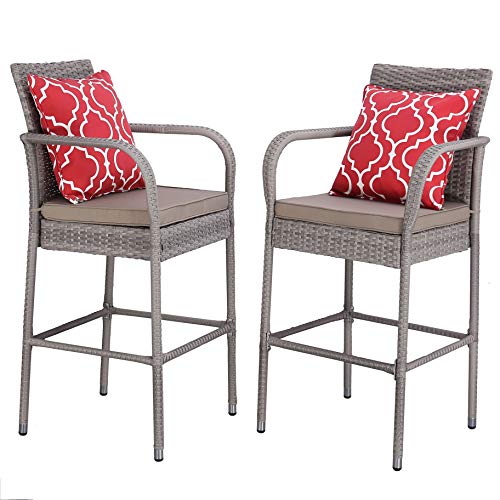Do4U Set of 2 Patio Bar Stools All-Weather Wicker Outdoor Furniture Chair, Bar Chairs with Grey  ...