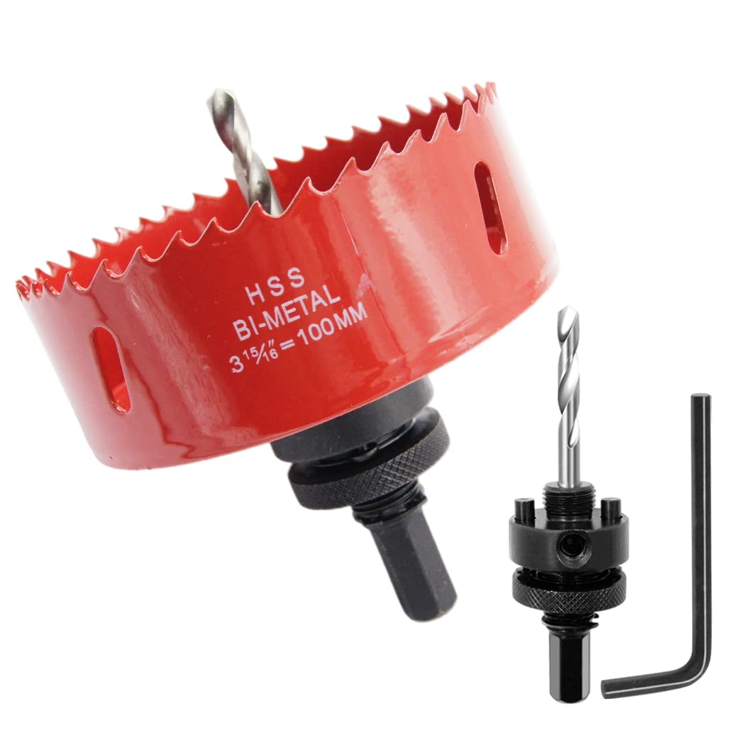 3.94 inch hole saw, LAIWEI 100mm hole cutter, with A2 heavy duty mandrel, 4341 drill bit for drilling wood, sheet metal, aluminum profiles, drywall, PVC and other materials(3-15/16” 100mm) — image 1