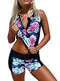 Pestok Women Floral Zip Front Sporty Tankini Swimsuits with Swim Shorts S - XXXL Plus Size (XL)