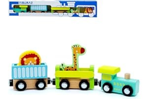 SAIBURAZ Wooden Trains Cars with Crane Magnetic Train Toys for Wooden Train Tracks Train Sets for Toddlers and Kids Ages 3+ (Zoo Train)
