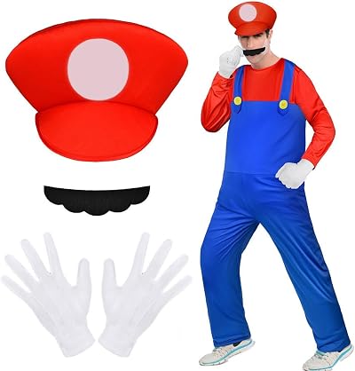 Aomig Mario Costumes 4 Pack Cosplay Accessories Kit Bodysuit Hat Mustache Gloves