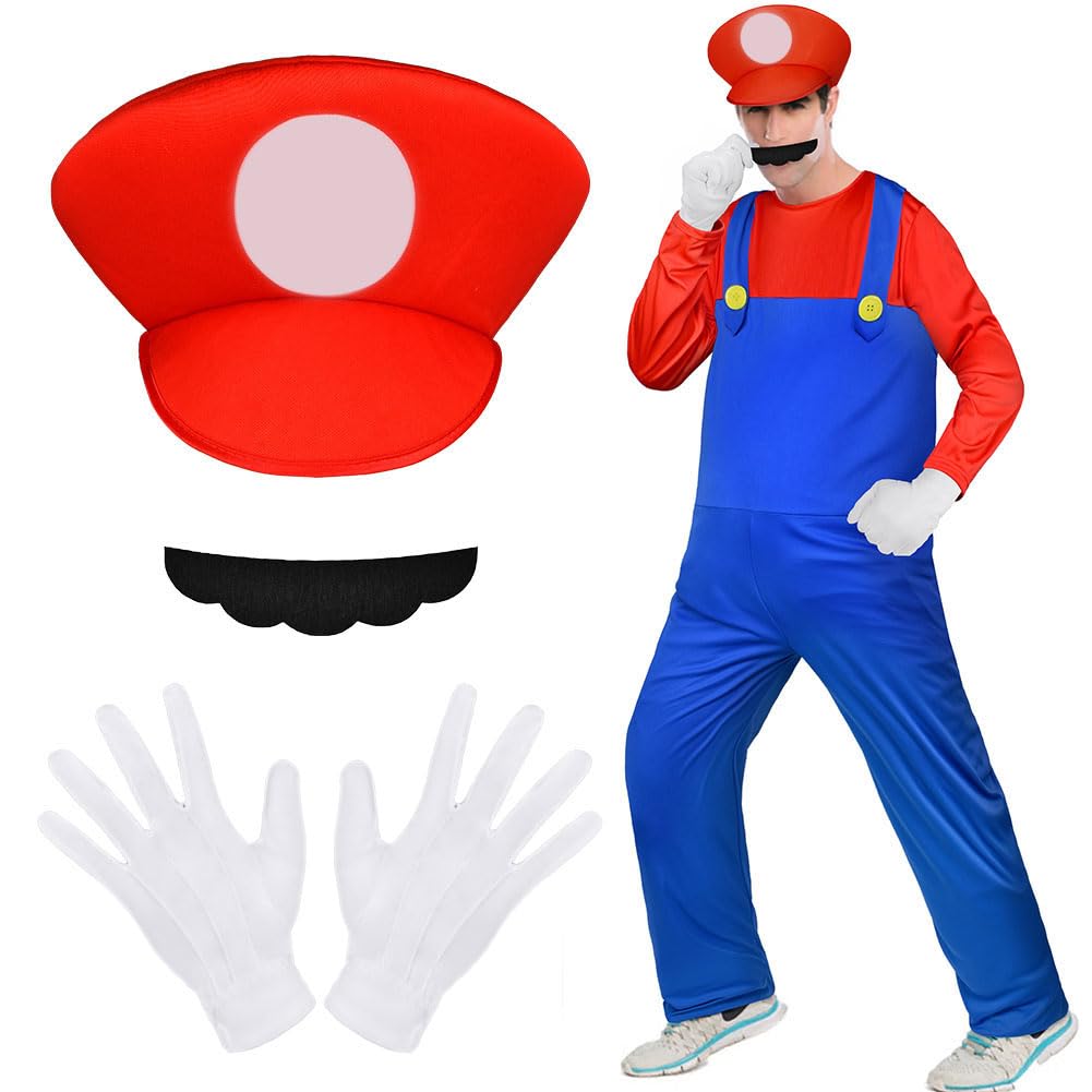 Aomig Mario Costumes, 4 Pack Mario Cosplay Costume Accessories Kits with Bodysuit, Luigi Hats Cap, Mustaches, White Gloves, Mario Luigi Bros Fancy Dress Outfit Costume for Women Men — image 1