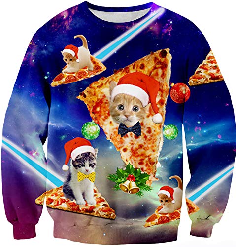 Leapparel Men/Women Ugly Christmas Sweater 3D Print Pullover Funny Graphic Sweatshirts, Pizza Cat, US L/Asian Tag XL