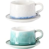 KAMMAK Tea Cups and Saucers Set of 2, Porcelain Coffee Cups, 7.5oz Crystalline Glaze Espresso Mugs, Ceramic Demitasse for Coffee, Cappuccino, Latte, Americano, Tea (Light green + Light blue)