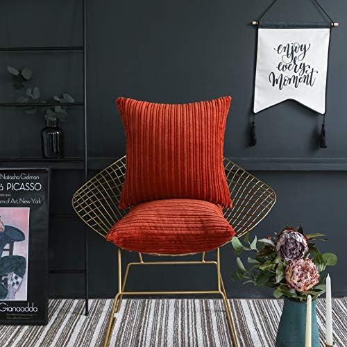 UGASA Striped Velvet Pillow Covers Cushion Cover Throw Cushion Cases, 2 Pc, 20"x20", Burnt Brick