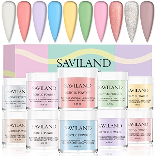 Saviland Acrylic Powder Nail Kit - 10 Colors coloured Acrylic Powder Shine Professional Acrylic Nail Set No Nail Lamp Needed Acrylic Nail Kit Full Set For Beginners, False Nails, Acrylic Nail Powder