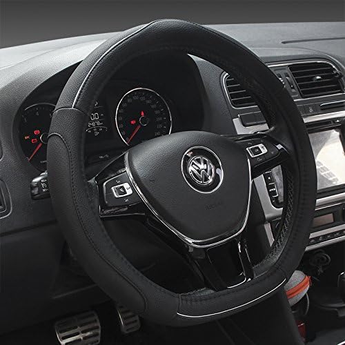 HYUGO D Type Steering Wheel Cover - Flat Bottom Car Steering Wheel Protector D Cut Shaped Diameter 38cm(15") Black - White Line