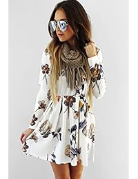 Angashion - Mini vestido de manga larga con estampado floral y plisado para mujer