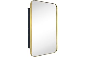 EGHOME Brushed Gold Rectangle Recessed Bathroom Medicine Cabinet with Mirror Stainless Steel Metal Framed Rounded Rectangular Bathroom Cabinet with Mirror 16x24''